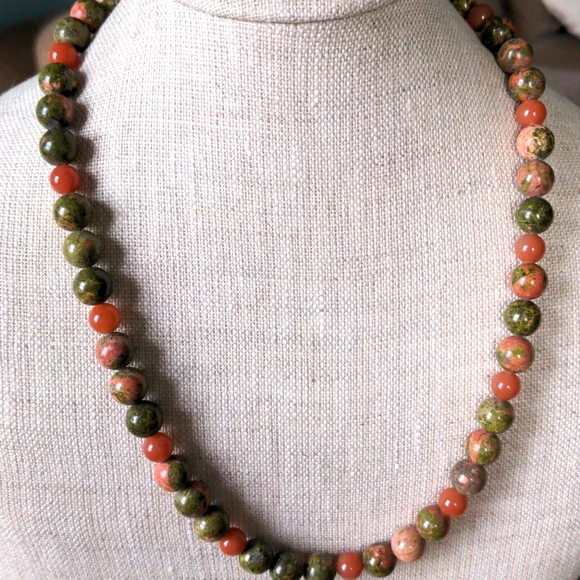 Unikite & pink jade necklace earrings set.New, Handcrafted. 22", copper toggle